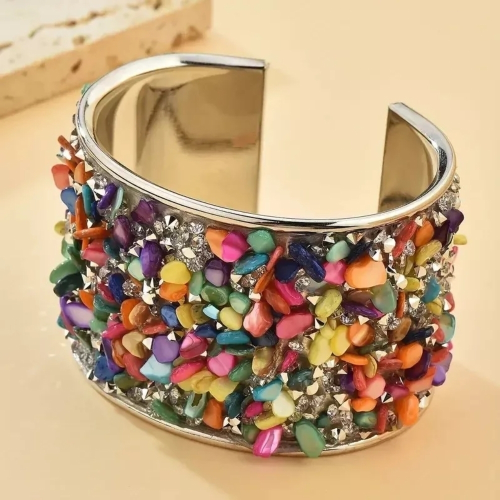 Elegant Silver Tone Rainbow Gemstones Wristband Bracelet Bangle Cuff - Picture 2 of 4